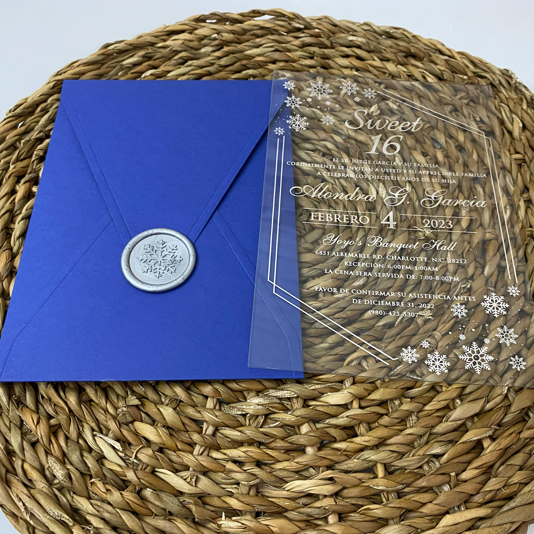 Winter themed  Acrylic Sweet 16 invitation, Silver foil print, Royal blue envelope, Silver foil print, Silver wax seal